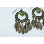 Vintage Bronze Dangle Leaf Green Beaded Drop Hook Earrings Brown Photo 1