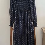 O.p.t. NWOT Navy Blue & Gold Metallic Fleck Smock Detailed Long Sleeve Midi Dress Photo 3