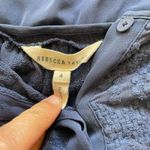 Rebecca Taylor Size 4 Navy Blue Silk Lace Trim Long Sleeve Embroided Top Blouse Photo 2