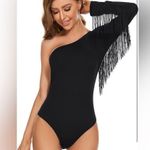 Women's Fringe Trim One Shoulder Long Sleeve Bodysuit Bodycon Leotard. (178) Black Size M Photo 1