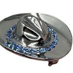 Silver Cowboy Cowgirl Hat Lapel Pin Brooch Blue Rhinestones Western Country Photo 0
