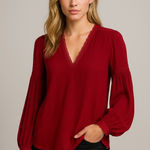 Alice + Olivia  Long Sleeve V Neck Lace Trim Blouse Size Medium Color Wine Photo 0