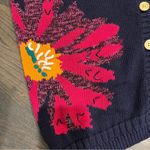 Vintage 80s Embroidered Floral Navy VNeck Knit Cardigan Sweater Medium Blue Photo 3
