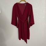 Lulus  Burgundy V Neck Flare Sleeve Tie Waist Dress Small Photo 4