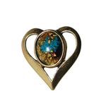 Vintage Lapel Pin Tie Tack Gold Flake Teal Tone Heart Pin Blue Goldstone Center Photo 3