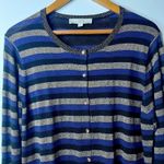 Loft NEW  Womens L Blue Metallic Stripe Cardigan Sweater Button Front Long Sleeve Photo 0