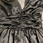 SheIn  MOD Solid Deep V Neck Knotted Shoulder Ruched Satin Black Dress Size M Photo 3