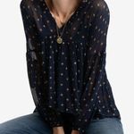 Lucky Brand  Blue & Gold Star Long Sleeve Chiffon Peasant Babydoll Top S Photo 0