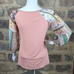 Les Amis Top Woman's Size Small Pink Raglan Sheer‎ Sleeves Boho Print 3/4 Sleeve Photo 5