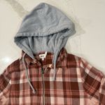 BKE Boyfriend Hooded Distressed Flannel Full Zip Shacket Womens Medium Rust Pink Photo 2