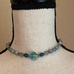 Women’s Bead Costume Necklace Beaded Silver Tone Blue Glass Choker Photo 0