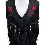 Red Rose Inlaid Suede Black Fringed Real Leather Biker Vest Lace Sides Small Photo 0