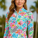 IBKUL Women's Hera Floral Print UPF 50 Size M Mock Neck Zip Top Golf Tennis Pink Size M Photo 0