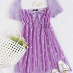 SheIn Purple Floral Embroidered Daisy Print Mesh Overlay Tie Front Dress Medium Photo 0