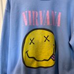 Gildan  Screen Printed Nirvana Graphic Crewneck Sweatshirt Blue Smiley Band Retro Photo 1