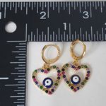 Gold Filled Multi Color Zirconia Heart Evil Eye Huggie Earrings Photo 4
