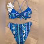Lucky Brand  Bikini Set High Rise Blue Floral Geometric Medium New Beachy Vacay Photo 6
