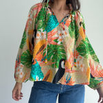 Farm Rio Blouse XS Beach Palm Floral Toucan Tropical Peasant Balloon Sleeve Photo 1