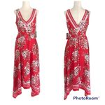 Vince Camuto Red Floral Print Sleeveless Handkerchief Hem Midi Dress Size 4 New Photo 2