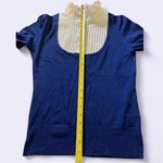 Japanese LISSEO Short Sleeve Knit Top Shirt With Mock Collar Blue&White Blue Photo 5