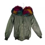 Popski Olive Green Bomber Jacket Rainbow Faux Fur Trim Multicolor Lining Women M Size 6 Photo 2