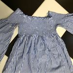 ZARA Off the Shoulder Mini Dress Or Tunic Blue & White Striped Pleated sz Small Photo 10