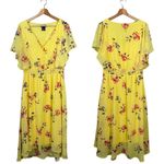 DKNY  Shirred Floral Print Crepon Midi Dress Womens 14 Yellow Flutter Sleeve Chic Photo 3