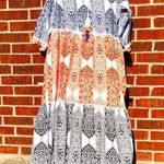 Blue/Orange Print Maxi Swim Coverup with tassels and pompoms Large Blue Photo 0