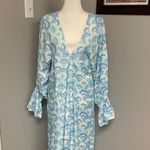 Kenny Flowers Bali Long Sleeve Open Back Blue White Maxi Dress Size Medium Photo 1