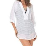 NWT J. Valdi Santa Barbara Big Shirt Tunic LaceUp Texture Stripe Coverup L White Size L Photo 0