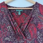 Ralph Lauren  Side Ruched Faux Wrap Midi Dress Size 8 Paisley V Neck Liquid Knit Photo 1