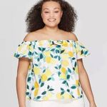 Who What Wear Lemon Print Tie Front Off The Shoulder Shirt Size Medium Photo 4