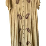 Vintage Embroidered Paisley Button Front‎ Dress Tan Beige Boho Midi L Size L Photo 0