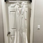 Mac Duggal  BRAND NEW #68137 Satin Feather Shoulder V-Neck Gown in White Size 4 Photo 7
