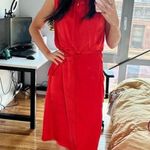 ATLIEN Red Satin Ruffle Sleeveless Crewneck Waist Tie Shift Dress Size Large Photo 10