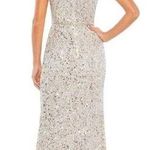 Mac Duggal Sequined Faux Wrap Ruffle Cap Sleeve Gown in Silver Nude Size US 4 Photo 1