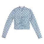 Storia  Checkered Silky Long Sleeve Mock Neck Cinched Cropped Top Size Small NWOT Photo 1