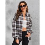 SheIn Women’s Brown Black Plaid Drop Shoulder Oversized Button Front Top Medium Photo 13