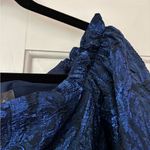 THEIA METALLIC JACQUARD MIDI DRESS Size 4 Cloque Metallic Puff Sleeves $650 Blue Photo 8