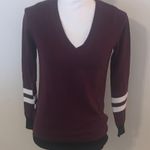 DE Collection V-Neck Burgundy Sweater with Striped Sleeves Photo 0