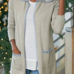 Soft Surroundings Farrah Large Open Front Wool Beige Hooded Cardigan Sweater Photo 0
