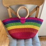 Vintage Pink Rainbow Striped Extra Large Raffia Straw Basket Bag Beach Travel Photo 10