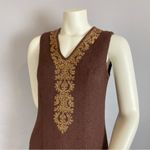 Vintage Embroidered Dress 1960s Sleeveless Skirt Slit Brown Gold Detail Photo 3
