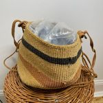 Vintage Handmade‎ Sisal Woven Leather Strap Market Tote Round Bag Tan Black Tan Photo 3