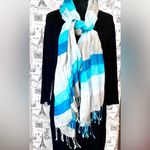 Talbots Versatile Blue Turquoise and Gray Striped Scarf linen with fringe by Photo 3