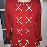 Storybook Knits Womens Red White‎ Nantucket Shore Full Zip Cardigan Sweater Med Red Photo 0