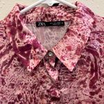 ZARA  pink satin abstract print button-down blouse with bishop sleeves Large 740 Photo 2