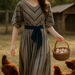 Vintage modest dress vertical stripes with belt 1980s 1970s Photo 0