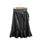 Gracia  Black Faux Vegan Leather Tie Wrap Ruffle Detail Midi Skirt Large Chic Photo 1
