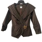 Tadashi Shoji  Womens Sz 4 Jeweled Brown Faux Wrap Taffeta Blouse Back Zip Photo 0